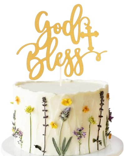 God Bless and Cross Cake Topper - Golden Glitter First Communion Cake Decoration for Christening Religious Baptism Baby Shower Party Cake Decorations