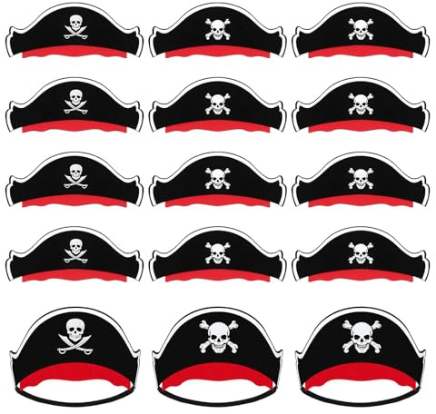 XZEIT 12 Stück Halloween-Filz-Piratenhüte für Kinder mit Schädeldruck, Piratenhut, karibischer Piratenkapitän, Partyhüte, Kostümkappe, Piratenparty, Zubehör, Foto-Requisiten