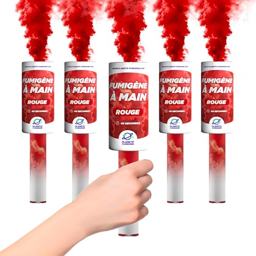 Planete Fumigene Fumigène Torche Main Rouge 45 Secondes Lot de 5 | Fabrication Française, Fumée Rouge Intense, Durée 45 Secondes, Déclenchement à Mèche, Catégorie T1, Tenue en Main