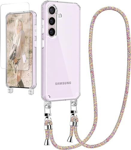 Ciciber Handykette Hülle für Samsung Galaxy S24 Handyhülle mit Band und Schutzfolie, Transparent Case mit Schnur zum Umhängen Kordel Necklace Hülle Schutzhülle für Galaxy S24, Regenbogen