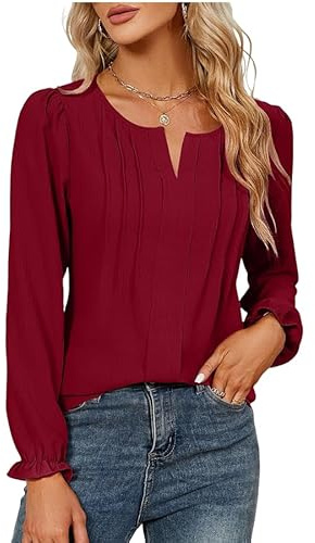 GUCURIN Chemisiers et Blouses Femme Manches Longues Col en V Décontracté Style Tunique Chic et Elegant Vetement,Bourgogne,M