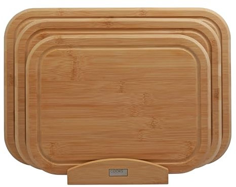 Cooks Professional 3 Piece Bamboo Chopping Board Set with Storage Stand | Durable Wooden Cutting Boards in 3 Sizes for Fruit, Vegetables, Meat, Bread | Natural