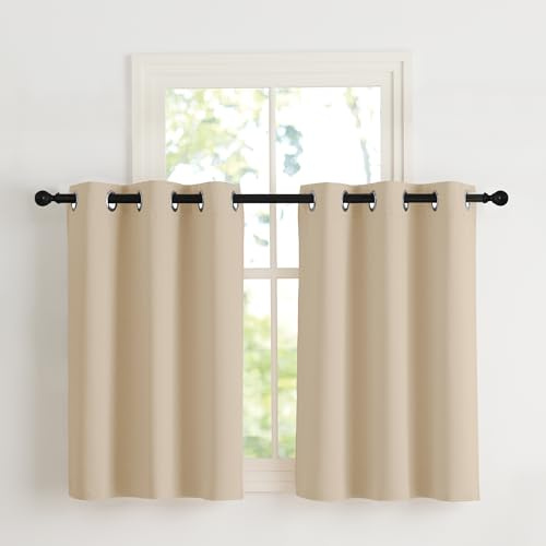NICETOWN Scheibengardinen Blickdicht Thermo Vorhänge Beige mit Ösen | Biscotti Beige, H90 x B107 cm, 2er Set, Scheibengardinen Blickdicht, Thermo Vorhang gegen Hitze, Gardinen für Küche
