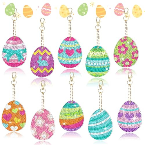 Hyran Diamond Painting Ostern, 10 Stück Diamond Painting Anhänger Schlüsselanhänger, Osterei Diamantmalerei Schlüsselanhänger, Ostern Kinder DIY Bastelgeschenke Geschenk