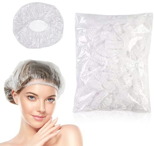 DWFEYOI Einweg Duschhauben Kunststoff Duschkappe,Haarhaube Elastische Wasserdichte Duschkappe für Salon,Spa,Reise, Heimgebrauch,Hotel,Dusche,duschhaube,hair bonnet(100 PCS, 42 CM)