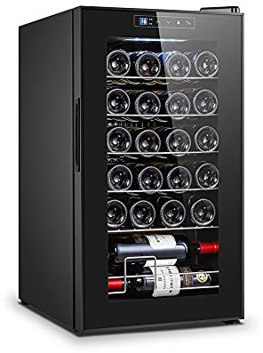Enfriador de Vino Independiente, Gabinete de Vino Electrónico Termostático para el Hogar de 24 Botellas, Bodega de Acero Inoxidable con Puerta de Vidrio, con Control de Pantalla Táctil Digital y Luces