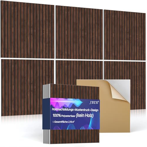 JBER 6-pack akustiska paneler självhäftande, ljudisolerande paneler för väggar, dekorativa fiberskivor med hög densitet, ljudabsorberande paneler för inspelningsstudio, 60 × 60 × 1 cm, mörk