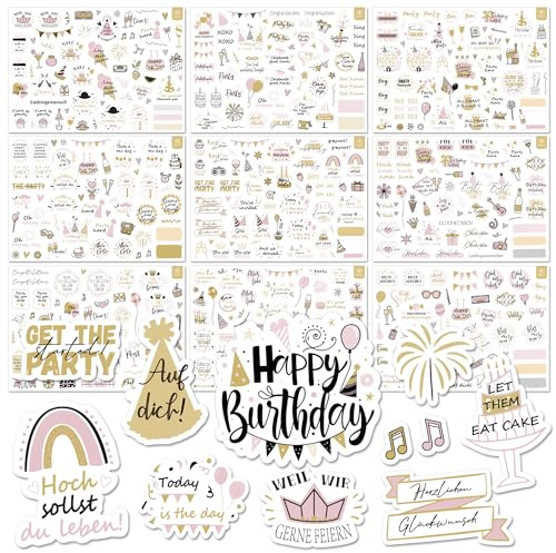 BIROYAL 12 Blätter Sticker Geburtstag, 500+ Aufkleber Geburtstag Roségold | Birthday Sticker Set für DIY Gästebuch Fotoalbum Scrapbook Zubehör, Geburtstagsaufkleber für Kinder Erwachsene, 17 x 24 cm