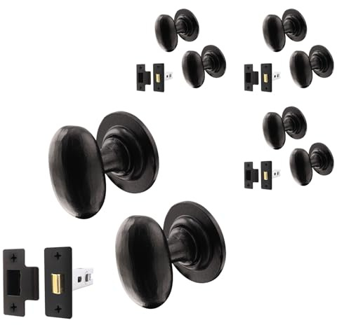 EAI Black Iron Door Knobs with Latch 76mm, 4 Pack - Iron Oval | Complete Latch Kit with 4 Pairs of Cast Iron Mortice Door Knobs for Internal Doors, 76mm Latches, Fixings Included