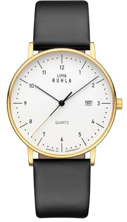 UMR RUHLA 30432 sw – elegans möter precision – armbandsur med 705 kvartsurverk – IP-guldpläterat, polerat rostfritt stål – vit urtavla – mineralglas – svart läderarmband – Made in Germany