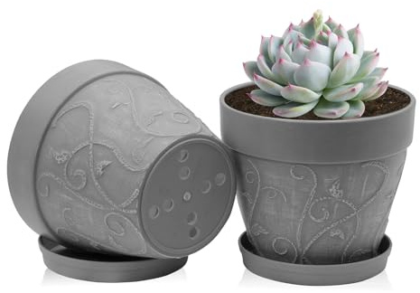 ZMTECH 17,5 cm blomkruka med underlägg, 7 tums plast terrakotta look planteringskruka med dräneringshål, rund medium ytterkruka för inomhus utomhus örthus växter (grå, set om 2)
