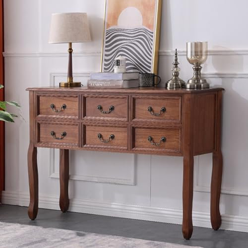 Consola rústica con cajones, Mesa de sofá de Madera Maciza para Entrada y recibidor, con Amplio Espacio de Almacenamiento para Pasillo o Sala de Estar (Color: Nogal Claro, tamaño: 120 cm)