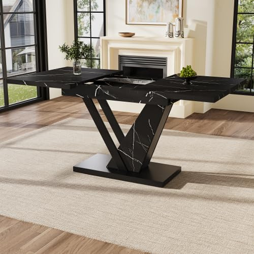 Mesa de comedor telescópica (120-160 x 75 cm), mesa de cocina, mesa extensible, con ayuda de placas interiores extensibles a 120-160 cm, para cocina y salón, mesa de comedor con diseño de mármol negro