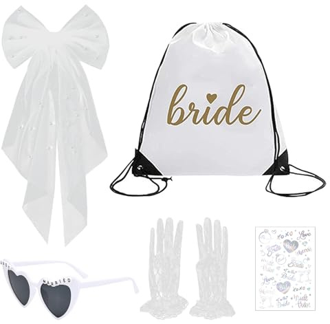BSITSSS 5 Pezzi Addio al Nubilato, Addio al Nubilato Gadget, Zaino con Coulisse Bride+Velo Sposa+Occhiali da Sole a Forma di Cuore+Guanti in Pizzo+Tattoo Temporanei per Addioal Nubilato Sposa
