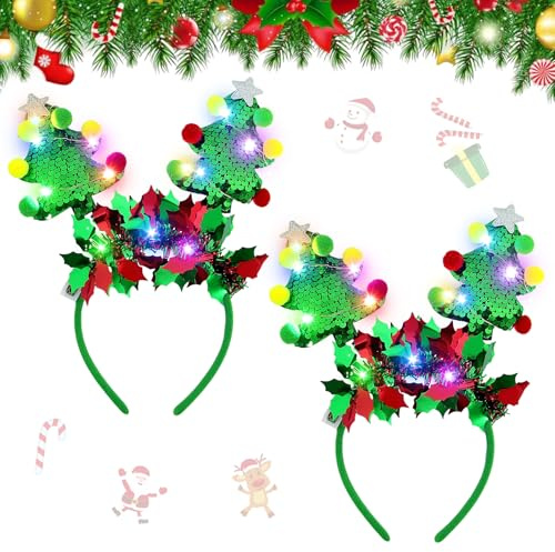 Haarreif Weihnachten, 2 Stück Weihnachts Haarreif mit LED, Leuchtende Weihnachts Haarschmuck, Haarreifen Weihnachten, Weihnachts Kopfschmuck, Weihnachts Accessoires, Weihnachtsstirnband für Party