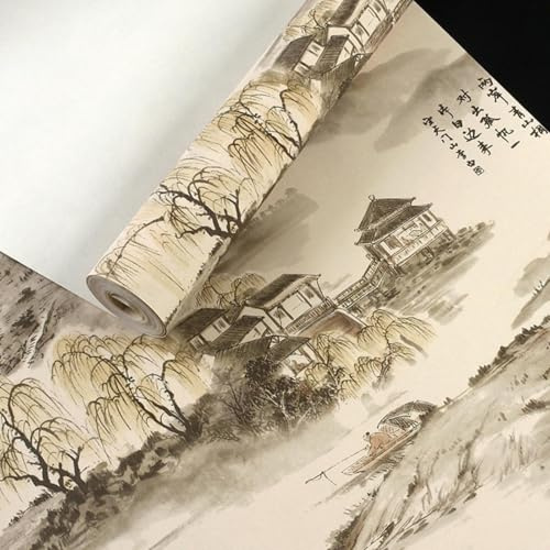 ESSMOKO Tapete Chinesische Landschaftsmalerei Tapete PVC wasserdichtes Material Wohnzimmer Arbeitszimmer Teestube Restaurant Hotel Tuschmalerei klassisches Retro Gelb 53 * 950cm
