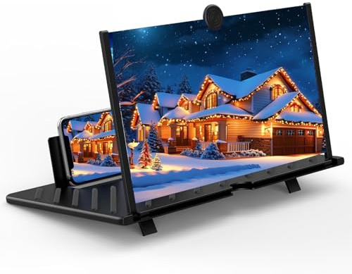 12 Inch Phone Screen Magnifier, 3D HD Mobile Screen Amplifier with Adjustable Angle Stand, Foldable Lightweight Phone Magnifying Screen, Anti-Blue Light Eye Protection (Black, 12 in)