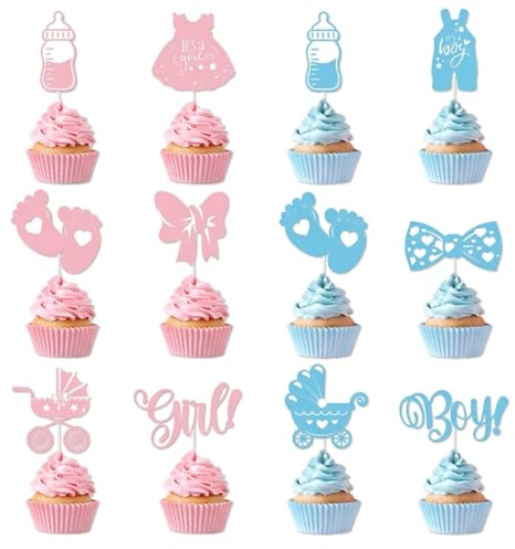 ROKZELT Gender Reveal Decoration Gateau, 36 Pcs Cake Topper Baby Shower, Décoration Anniversaire Fille Ou Garçon, Pour Baptême, Fête Prénatale, Cupcake Déco, Bleu Rose