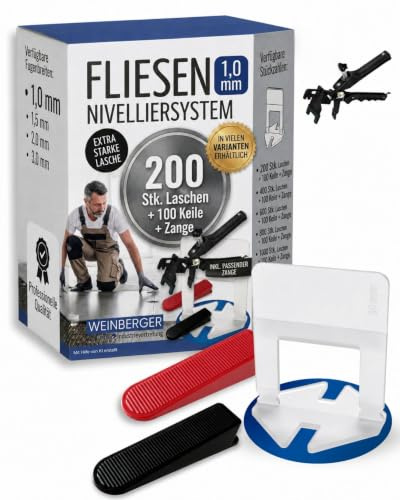 Fliesen Nivelliersystem I Verlegehilfe für Fliesen I 200 Stück + 100 Keile I Laschen für Fugenbreiten von 1,0-3,0 mm I Zuglaschen für gleichmäßige Fugen I inkl. passender Zange I 1,0 mm