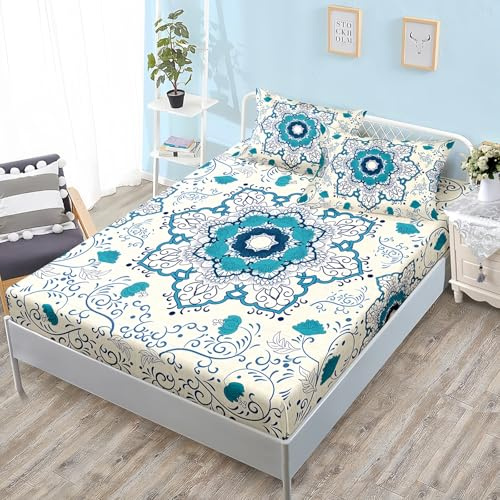 ZKTCYC Mandala Spannbettlaken 120x200cm Kinder Jungen Mädchen Bettlaken 120x200 Stechapfel Blumen Böhmen Spannbetttuch Bis 30cm aus Mikrofaser mit Kissenbezug 80x80 cm