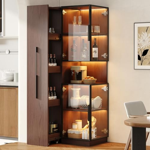BTM Glasvitrine mit LED Beleuchtung und Ausziehbar Regal, Vitrinenschrank Stehend Esszimmer/Wohnzimmer Standvitrine, Walnuss