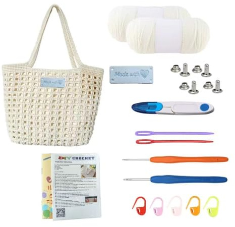 Snovire Häkeltasche Set für Anfänger, Komplettes Häkel Set zum Taschen Häkeln, Wolle für Taschen Häkeln, DIY Häkelset Tasche mit Anleitung, Häkelset für Anfänger Erwachsene (Cremefarben)