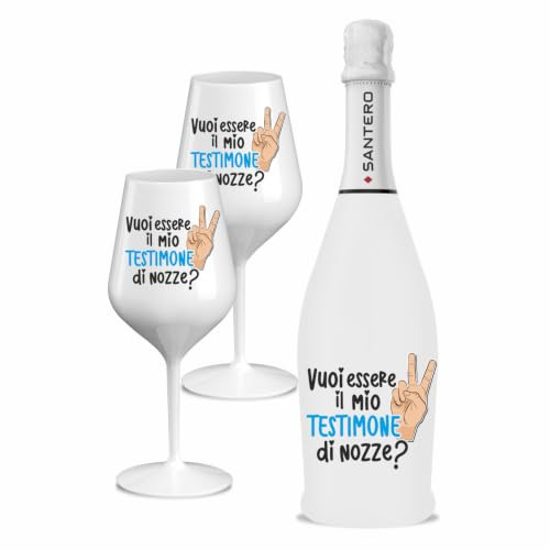 BRANDGIFT.IT Bottiglia Personalizzata Testimone nozze Santero 958 Kit Regalo Bottiglia Spumante 750ml 2 Calici Personalizzati e Box in Cartone Idea Regalo Matrimonio (TESTIMONE - M, 750 ML)