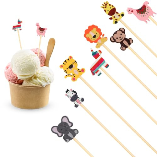 160 stycken djurcocktailspett 13 cm, träspett med lejon, tiger, elefant, giraffdekoration, fingermatspett trä engångs, fruktspett, festspett, för barn födelsedag, sommarfest och BBQ
