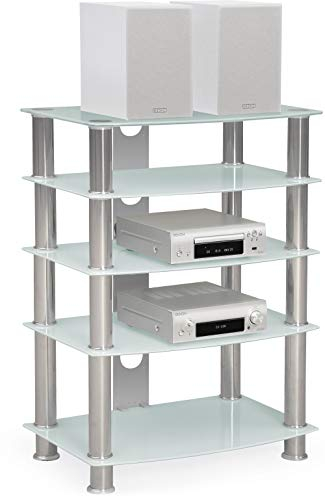 Centurion Supports GTS6 5-Shelf Gloss White with Silver Legs Flat Screen TV/Hi-Fi/AV Rack Glass Stand