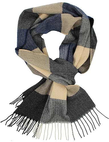Rotfuchs® Webschal Herrenschal Winterschal Warm & weich Wolle Karo mehrfarbig Made in Germany (30 x 185 cm, blau weiß grau)
