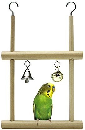 Keersi Natural Wood Bird Swing Toy with Bells for Parrot Budgie Parakeet Cockatiel Conure Lovebird Finch Canary Cockatoo African Grey Amazon Cage Perch Stand