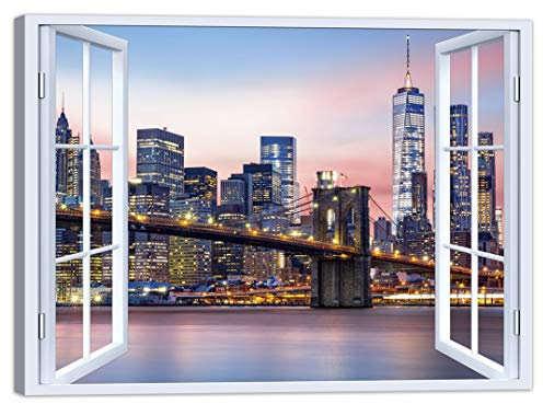 LuxHomeDecor Quadro Finestra New York 100x75 cm Stampa su Tela con Telaio in Legno Arredamento Arte Arredo Moderno