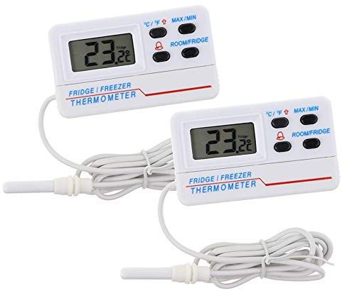 Termómetro digital para frigorífico o congelador, 2 unidades, con alarma de advertencia de temperatura y función máxima mínima y cable de 1,2 m, medidor de temperatura del refrigerador para monitorear