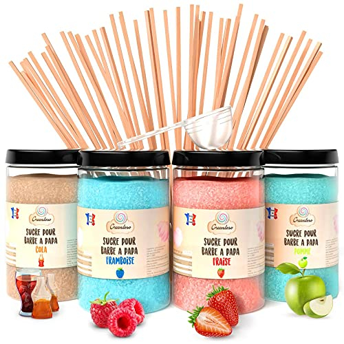 GREENDOSO® Sucre Barbe à Papa pour Machine (4x320 gr) – Lot de 4 Goûts (Fraise/Cola/Framboise/Pomme) – 50 Bâtonnets