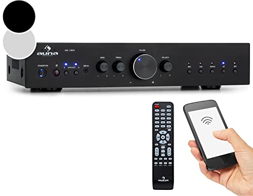 Auna Verstärker, HiFi Stereo Mini Verstärker, HiFi-Verstärker mit Bass & Treble Regler, 2 Kanal Audio-Verstärker, Stereo-Verstärker & Lautsprecher mit Fernbedienung & AUX Eingang, AV Receiver