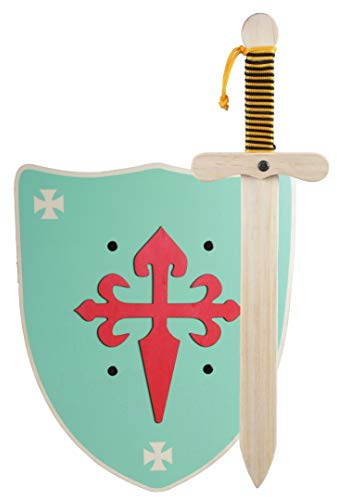 Ritter Schwert und Schild aus Holz, Handgefertigtes - Spielzeug für Jungen, Mädchen, Kinder - Ergänzung für Spiele, Imitationsspiele, Kostüme, Mittelalter, Krieger, Mottoparty (Grün Schild XL)