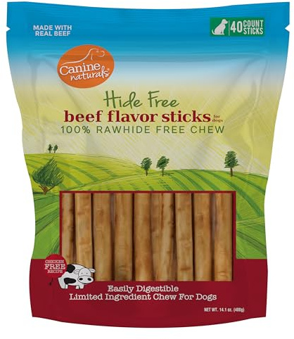 Canine Naturals Beef Chew - Rawhide Free Dog Treats - Made with Real Beef - Poultry Free Recipe - All-Natural and Easily Digestible - 40 Pack of 5 Inch Stick Chews