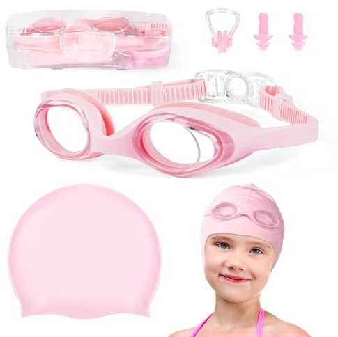 Flintronic Pink Swimming Goggles, Anti Fog+UV Protection, No Leaking Soft Silicone Nose Bridge Goggles with Swimming Cap for Kids, Girls and Boys