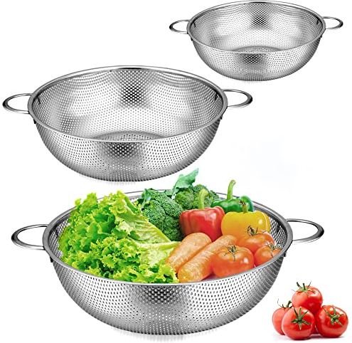 Herogo Sieb 3er-Set, Edelstahl Küchensieb mit Griffe, Mikroperforiertes Abtropfsieb, Metall Küche Seiher für Ablaufen & Straining Nudeln, Reis, Obst, Gemüse, Spülmaschinenfest, 16cm/22cm/28cm