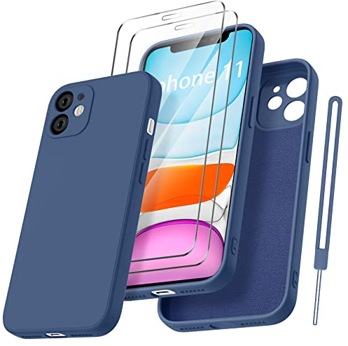 Qasyfanc HandyHülle für iPhone 11 Hülle Silikon case mit 2 Stück schutzfolie, Ultra Microfiber TPU Flüssig silikon mit Kameraschutz Kratzfeste Rundumschutz Schutzhülle 6.1'' (JewelBlue)