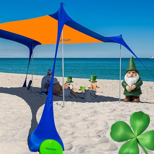 KAZZARY Beach Tent, UPF50+ 7.5x7 ft Sun Shade Canopy with Sandbags, 4 Stability Poles, Ground Pegs, Flying Disc Sand Shovel. Lightweight Sunshade Shelter, 7ft Tall for Camping Outdoor Trips and Sports