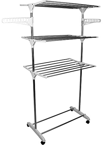 Tendedero de ropa de 3 niveles, tendedero plegable y portátil, secadora de ropa, secadora de ropa con alas laterales, tendido para ropa interior/exterior (75 × 44 × 158 cm)