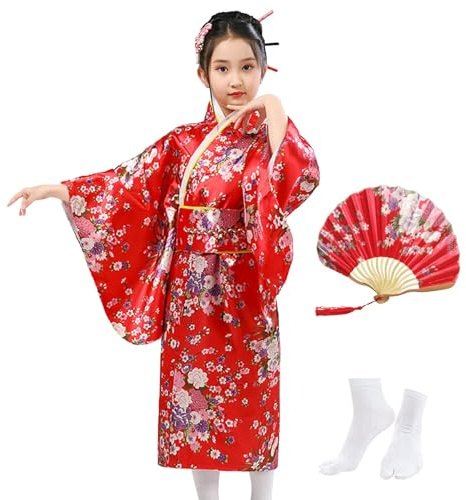 KRUIHAN Kimono Japonais pour Filles,Robe Yukata Japonaise,Robe Kimono Satin Enfants,Robe de Soirée de Jeu de Rôle Anime pour les Filles avec Ventilateur Pliant et Chaussettes Tabi,Style A,Rouge,140
