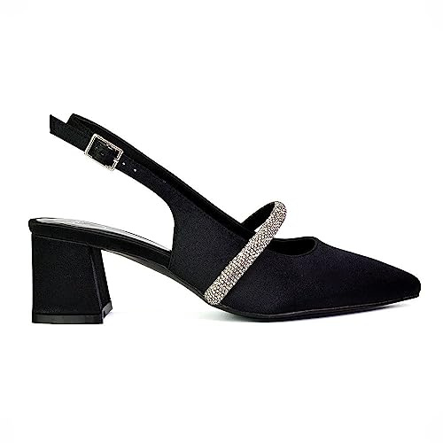 ESSEX GLAM Womens Low Heel Bridal Shoes Ladies Pull On Slingback Diamante Strap Black Wedding Party Pointed Toe Courts Pumps Size 7