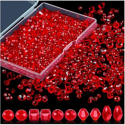 Wekuw 600 Stücke Kristall Perlen (Rot 4/6/8 mm) Perlen zum Auffädeln Facettierte Perlen Glasperlen Glitzerperlen Perlen Glas Beads Bunte Perlen Geeignet für Halsketten, Armbänder, Schmuckhandwerk