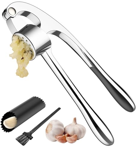 GeeRic picadora de ajo,triturador de ajos Aplasta Ajo y Jengibre sin Esfuerzo Prensador de Ajos de Cocina Trituradora de ajos con pelador de ajos de silicona y cepillo de limpieza, plata