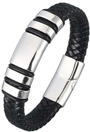 Beydodo Herren Armbänder mit Gravur, Leder Armband 12MM Geometrie mit Magnetverschluss Partnerarmband Schwarz Leder 20.5CM