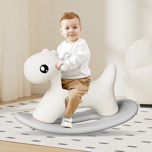 hoopyosms Kids Rocking Horse, Toddler Ride-On Toy with Handle, Montessori Infant Rocker for Balance Training, Baby Rocking Animal, Grey