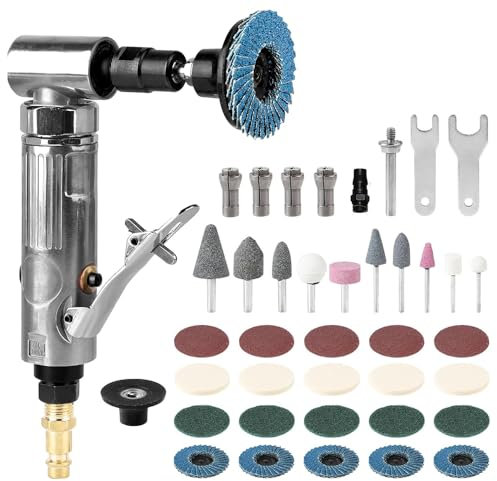 Druckluft Schleifer,Luftschleifer,Stabschleifer Druckluft,40pcs Druckluftschleifer Set,90-Grad-Biegung, mit Schleifscheibe, Wollrad-Sandscheibe, Polierkopf, Lufteinlass für Konturschleifen,Polieren