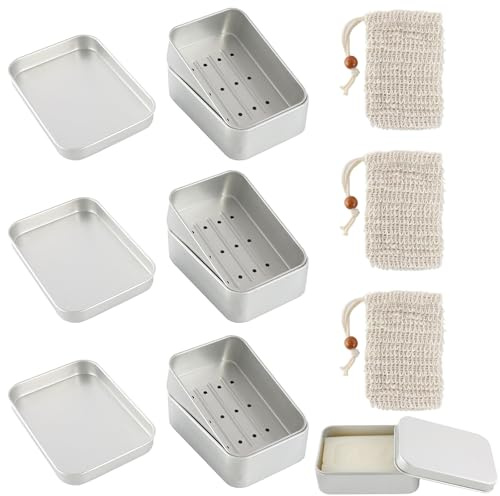 KATIMI 3 stycken tvålburkar, resor, vattentäta av aluminium, tvålskålar med droppgaller, tvålbox med 3 sisal-tvålpåsar, rostfri, fast schampo, förvaring för hemresor
